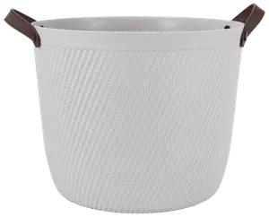 Vit rund förvaringskorg med vävd struktur, två bruna handtag och slät kant. Passar för tvätt, leksaker eller allmän förvaring i hemmet.