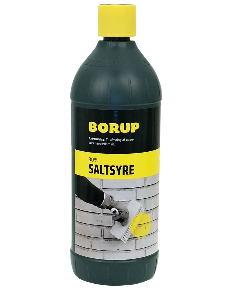 Borup 30% saltsyre i sort plastflaske med gul låg, anvendes til rengøring af murværk. Etiketten viser brugsanvisning og billede af rengøring af mursten med børste.
