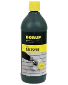 Borup 30% saltsyre i sort plastflaske med gul låg, anvendes til rengøring af murværk. Etiketten viser brugsanvisning og billede af rengøring af mursten med børste.