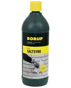 Borup 30% saltsyre i sort plastflaske med gul låg, anvendes til rengøring af murværk. Etiketten viser brugsanvisning og billede af rengøring af mursten med børste.