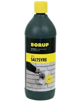 Borup 30% saltsyre i sort plastflaske med gul låg, anvendes til rengøring af murværk. Etiketten viser brugsanvisning og billede af rengøring af mursten med børste.