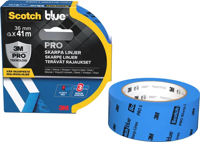 Scotch Blue PRO malertape, 36mm x 41m, blå farve, medium klæbeevne, giver skarpe malingskanter, egnet til flere overflader, 21 dages ren fjernelse, 3M mærke.