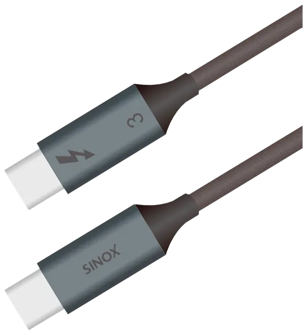 Sinox Thunderbolt 3-kabel med USB-C-stik, flettet ydre for holdbarhed, egnet til hurtig dataoverførsel, opladning og video. Grå farve med tydelig mærkning på stik.