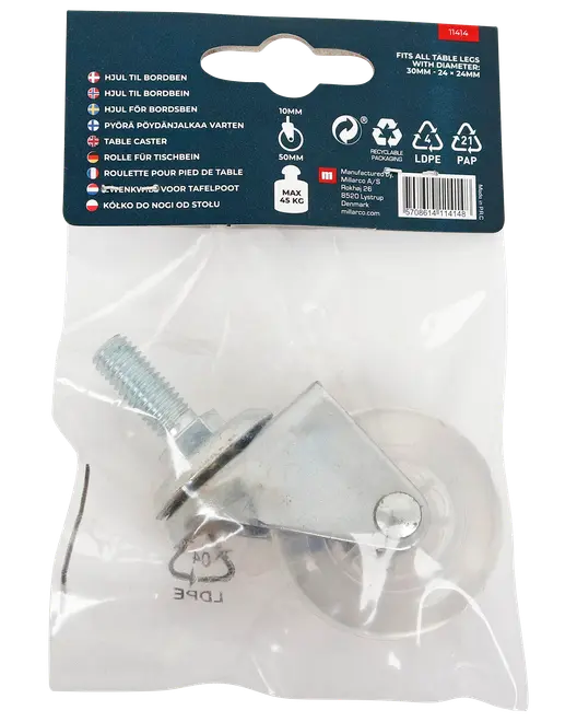 Transparent bordhjul med metalbeslag og gevindstang, 50 mm hjuldiameter, passer til bordben 30 mm, 24-24 mm, maks. belastning 45 kg. Pakket i klar plast.