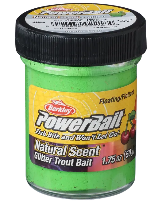Glas med Berkley PowerBait Natural Scent Glitter Trout Bait, 50 g, lys grøn farve, flydende formel, tiltrækker fisk med duft og glimmer.