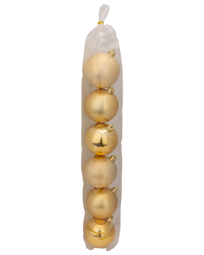 Set med sex gyllene julgranskulor i genomskinlig plasttub, både blanka och matta ytor, varje kula har guldfäste för upphängning. Perfekt för juldekoration.