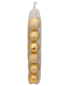 Set med sex gyllene julgranskulor i genomskinlig plasttub, både blanka och matta ytor, varje kula har guldfäste för upphängning. Perfekt för juldekoration.