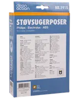 Pakke med 4 Clean Action støvsugerposer, kompatible med Philips, Electrolux og AEG modeller. Blå og orange æske med modeloversigt på bagsiden.