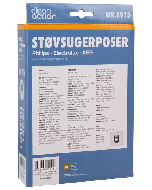 Pakke med 4 Clean Action støvsugerposer, kompatible med Philips, Electrolux og AEG modeller. Blå og orange æske med modeloversigt på bagsiden.