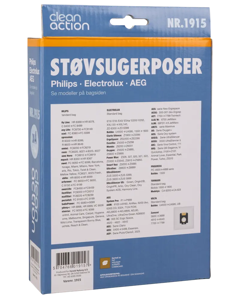 Pakke med 4 Clean Action støvsugerposer, kompatible med Philips, Electrolux og AEG modeller. Blå og orange æske med modeloversigt på bagsiden.