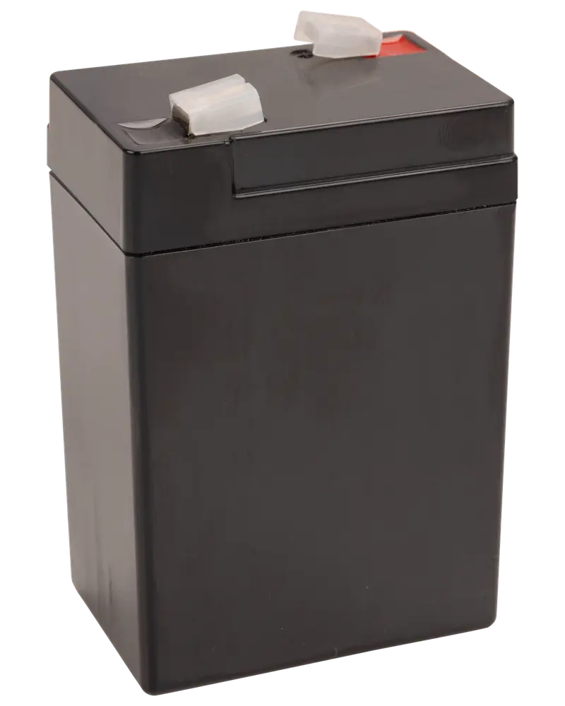 Rektangulær, forseglet blybatteri med sort kabinet og to topterminaler. Velegnet til backup-strøm, alarmer eller små elektronik. Kompakt og vedligeholdelsesfri konstruktion.