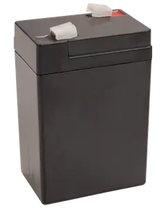 Rektangulær, forseglet blybatteri med sort kabinet og to topterminaler. Velegnet til backup-strøm, alarmer eller små elektronik. Kompakt og vedligeholdelsesfri konstruktion.