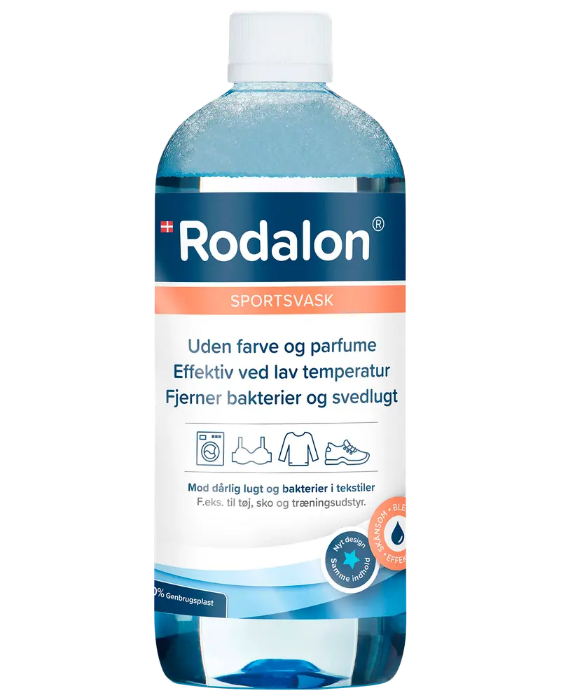 Rodalon Sportsvask, 1-liters flaske med blå væske. Uden farve og parfume, effektiv ved lav temperatur. Fjerner bakterier og svedlugt fra tekstiler, egnet til sportstøj og sko.