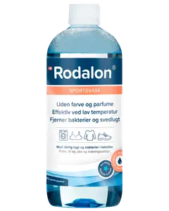 Rodalon Sportsvask, 1-liters flaske med blå væske. Uden farve og parfume, effektiv ved lav temperatur. Fjerner bakterier og svedlugt fra tekstiler, egnet til sportstøj og sko.