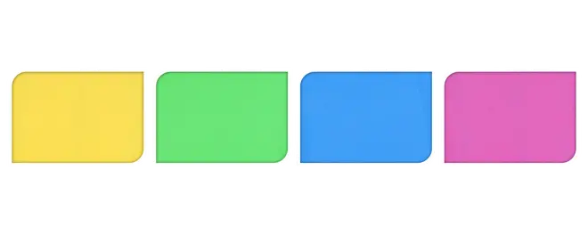 Sæt med fire rektangulære klistermærker i gul, grøn, blå og pink. Hver seddel har afrundede hjørner og hvid kant, ideel til påmindelser og organisering.