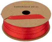 Rött satinband på en pappspole, 20 meter långt. Bandet är slätt, glansigt och platt, perfekt för presentinslagning, pyssel eller dekorationer.