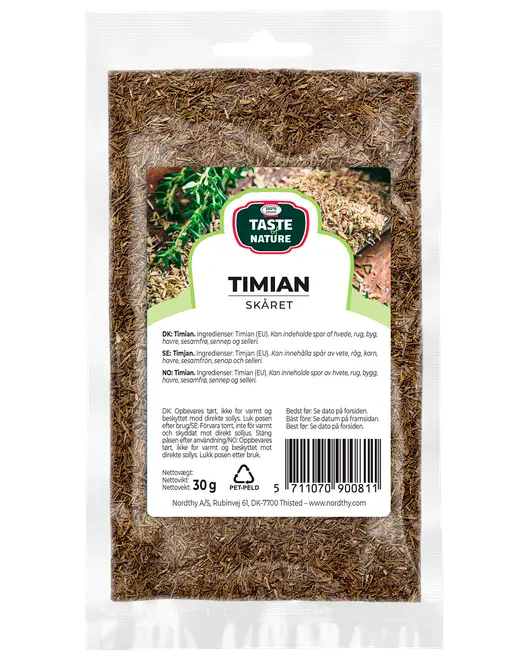 30g förpackning med torkad, skuren timjan från Taste Nature, förseglad i klar plastpåse med etikett. Passar till kryddning av maträtter. Ingredienser: timjan (EU).