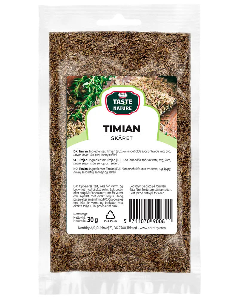 30g förpackning med torkad, skuren timjan från Taste Nature, förseglad i klar plastpåse med etikett. Passar till kryddning av maträtter. Ingredienser: timjan (EU).