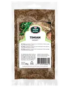 30g förpackning med torkad, skuren timjan från Taste Nature, förseglad i klar plastpåse med etikett. Passar till kryddning av maträtter. Ingredienser: timjan (EU).