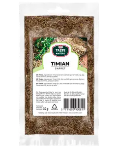 30g förpackning med torkad, skuren timjan från Taste Nature, förseglad i klar plastpåse med etikett. Passar till kryddning av maträtter. Ingredienser: timjan (EU).