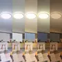 Moderne rund loftlampe med fem justerbare farvetemperaturer, fra koldt hvidt til varmt gult lys, der oplyser en stue med neutrale møbler. Perfekt til fleksibel belysning.