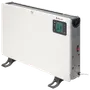 Slank hvid elpanelvarmer med digital termostatdisplay, sidebetjening, tænd/sluk-knap, ventilationsrist øverst og aftagelige fødder.