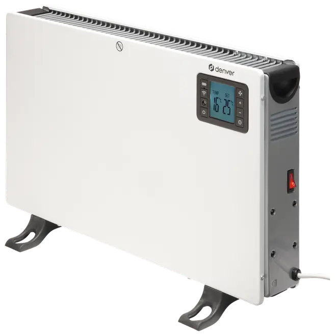Slank hvid elpanelvarmer med digital termostatdisplay, sidebetjening, tænd/sluk-knap, ventilationsrist øverst og aftagelige fødder.