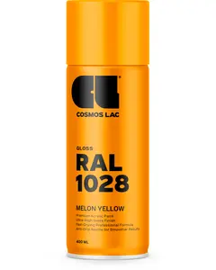 Blank spraymaling, 400 ml, i RAL 1028 Melon Yellow. Ultra-højglans finish, hurtigtørrende akrylformel og anti-dryp dyse for jævn påføring. Mærke: Cosmos Lac.