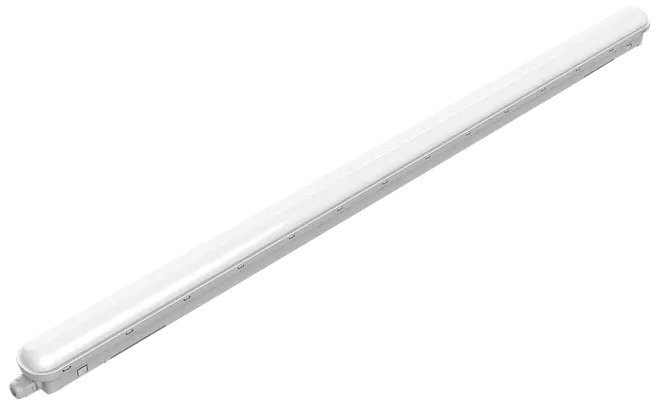 Lang, slank LED-armatur med hvidt plastkabinet, velegnet til loft- eller vægmontering. Giver jævn og kraftig belysning til kontorer, garager eller bryggers.