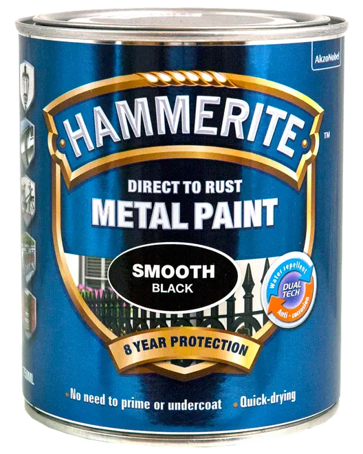 Hammerite glat sort metalmaling, direkte på rust, 8 års beskyttelse, vandafvisende, anti-korrosion, ingen grunding nødvendig, hurtigtørrende, 500 ml dåse.