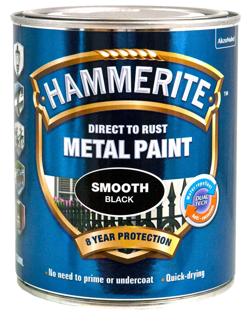 Hammerite glat sort metalmaling, direkte på rust, 8 års beskyttelse, vandafvisende, anti-korrosion, ingen grunding nødvendig, hurtigtørrende, 500 ml dåse.