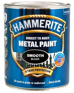 Hammerite glat sort metalmaling, direkte på rust, 8 års beskyttelse, vandafvisende, anti-korrosion, ingen grunding nødvendig, hurtigtørrende, 500 ml dåse.