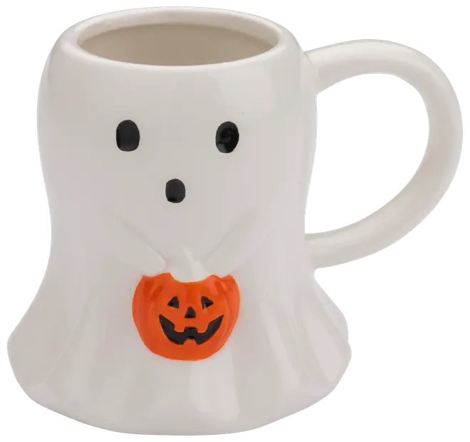 Keramikkopp formad som ett spöke med svarta ögon, liten mun och håller en orange pumpa med ansikte. Perfekt för Halloween.
