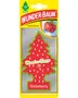 Wunder-Baum luftfrisker formet som et træ, rød med hvide jordbærfrø, mærket "Strawberry" duft. Pakket i gul og klar plastindpakning.