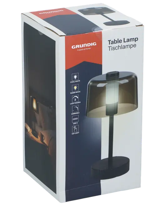 Moderne bordlampe med sort base og røgfarvet glas. Har koldt og varmt hvidt lys, tre lysindstillinger, dæmpbar, USB-C opladning og tap-lys funktion. Velegnet til hjemmet.