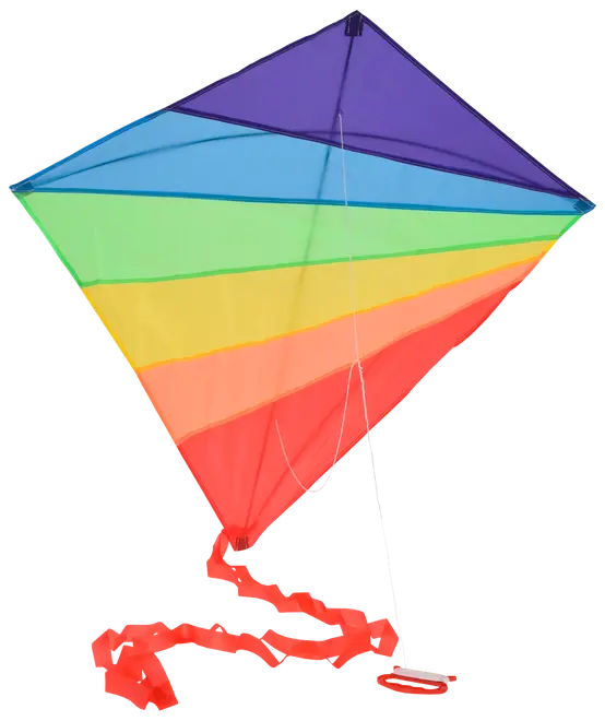 Drage formet som en diamant med regnbuefarvede striber i lilla, blå, grøn, gul, orange og rød. Har lang rød hale og hvid snor. Let og velegnet til udendørs brug.