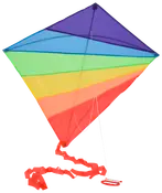 Drage formet som en diamant med regnbuefarvede striber i lilla, blå, grøn, gul, orange og rød. Har lang rød hale og hvid snor. Let og velegnet til udendørs brug.