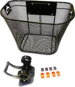 Black metal mesh basket with a rectangular shape and rounded corners, featuring a solid mounting plate on the front. The basket comes with a black plastic mounting bracket designed to attach to handlebars, and includes several orange and purple plastic clips for securing the bracket. The mesh design allows for visibility and airflow, while the sturdy construction provides durability for carrying items.