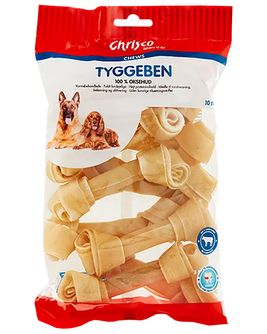 Pose med Chrisse Tyggben hundegodbidder, 100% oksehud, med billeder af hunde på pakken.