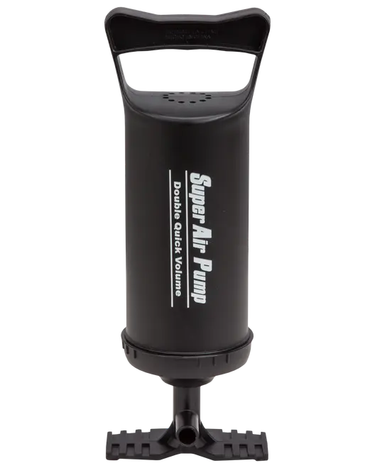 Sort manuel luftpumpe med ergonomisk håndtag, solid fodbase og teksten 'Super Air Pump Double Quick Volume' til hurtig oppustning af luftmadrasser eller badelegetøj.