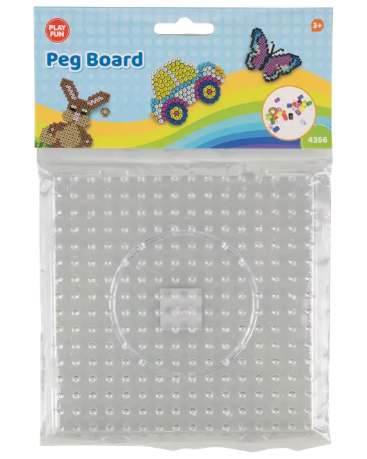 Gennemsigtig plastik perleplade, firkantet med hævede dupper og cirkelguide i midten, ideel til kreative mønstre. Velegnet til børn fra 3 år.