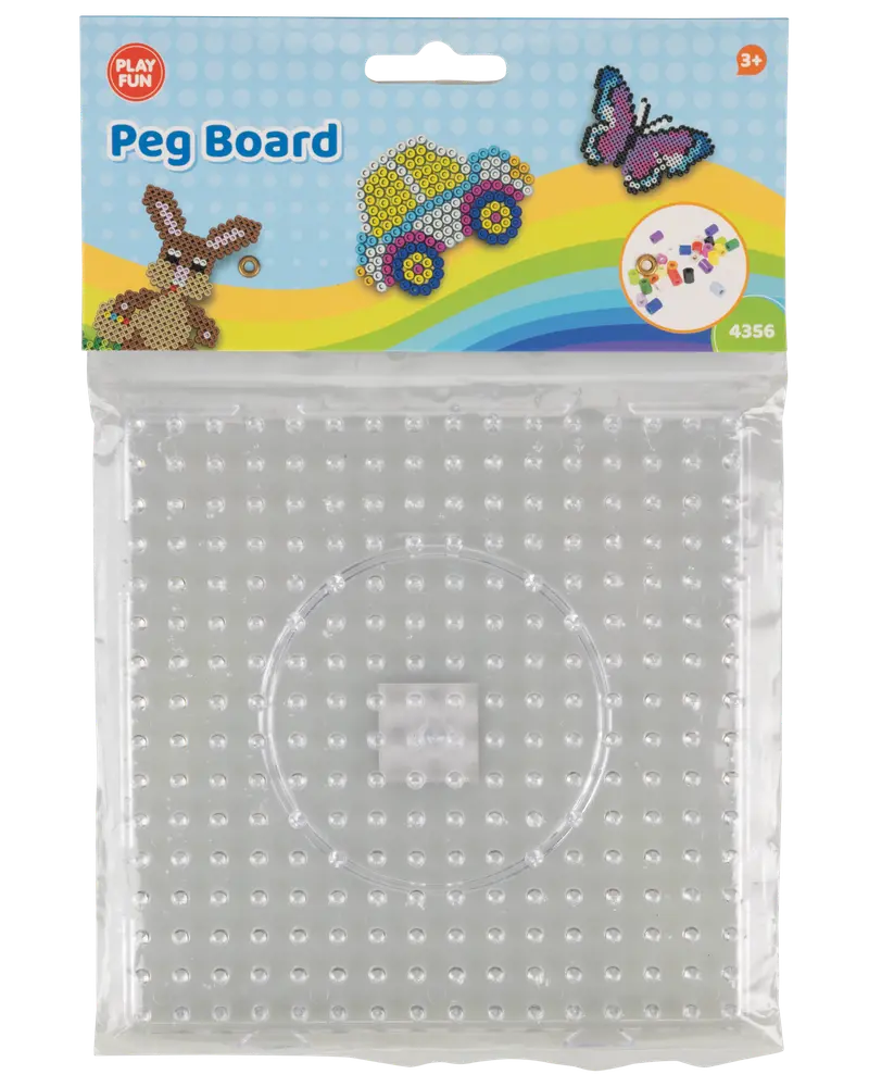 Gennemsigtig plastik perleplade, firkantet med hævede dupper og cirkelguide i midten, ideel til kreative mønstre. Velegnet til børn fra 3 år.