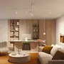 Moderne hjemmekontor med indbyggede træhylder, hvidt skrivebord, grøn stol, beige sofa med brune puder, rundt sofabord og loftsskinnebelysning. Minimalistisk og hyggeligt design.