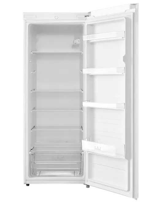 Hög, vit kyl med fyra glashyllor, en nedre grönsakslåda och fyra dörrfack. Rymlig inredning för effektiv organisering av matvaror.