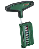 Bosch T-greb skruetrækkersæt med ergonomisk håndtag og grøn æske med flere farvekodede bits, egnet til forskellige skruehoveder og størrelser.