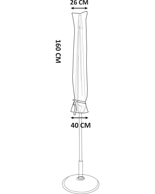 Skyddshölje för stående parasoll, 160 cm högt, 26 cm brett upptill och 40 cm brett nedtill, visas på rund fot.
