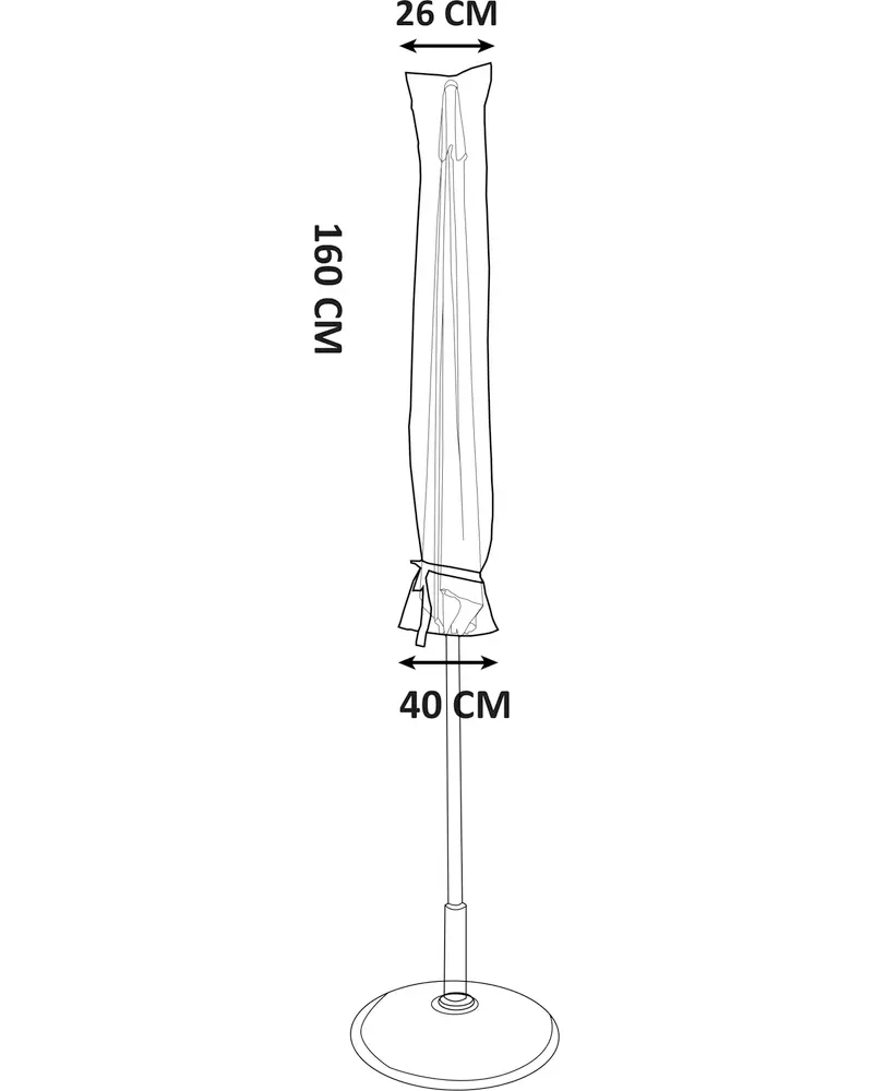 Skyddshölje för stående parasoll, 160 cm högt, 26 cm brett upptill och 40 cm brett nedtill, visas på rund fot.