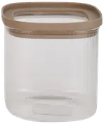Klar rillet glasopbevaringskrukke med rund form og beige lufttæt plastlåg. Perfekt til opbevaring af tørvarer i køkkenet, holder indholdet frisk og synligt.
