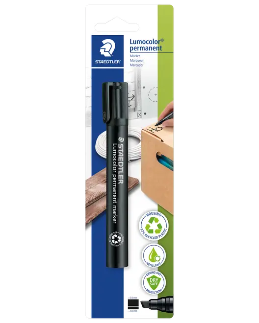 Staedtler Lumocolor permanent marker, sort, med fin kuglespids. Leveres i blisterpakning, genopfyldelig, lavet af genbrugsplast, velegnet til mærkning af forskellige overflader.