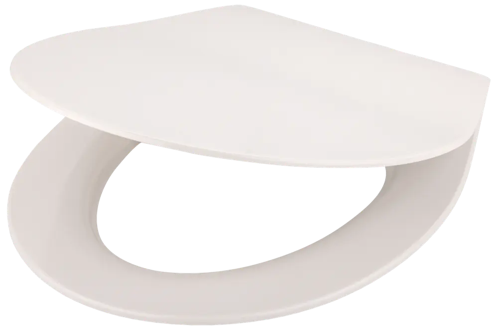 Vitt toalettsits i plast med lock, modern något fyrkantig design. Slät yta, standardstorlek, passar de flesta toaletter. Gångjärn för enkel öppning och stängning.